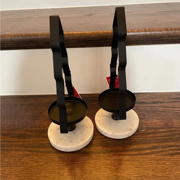 MARTHA STEWARTCHRISTMAS BLACK METAL/MARBLE TREE PILLAR CANDLE HOLDERS